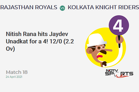 RR vs KKR: Match 18: Nitish Rana hits Jaydev Unadkat for a 4! KKR 12/0 (2.2 Ov). CRR: 5.14