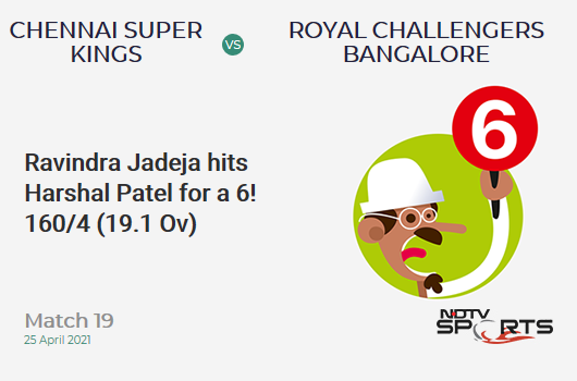 CSK vs RCB: Match 19: It's a SIX! Ravindra Jadeja hits Harshal Patel. CSK 160/4 (19.1 Ov). CRR: 8.35