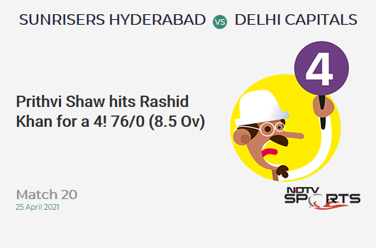 SRH vs DC: Match 20: Prithvi Shaw hits Rashid Khan for a 4! DC 76/0 (8.5 Ov). CRR: 8.6