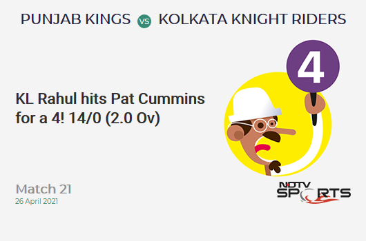 PBKS vs KKR: Match 21: KL Rahul hits Pat Cummins for a 4! PBKS 14/0 (2.0 Ov). CRR: 7