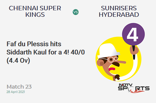 CSK vs SRH: Match 23: Faf du Plessis hits Siddarth Kaul for a 4! CSK 40/0 (4.4 Ov). Target: 172; RRR: 8.61