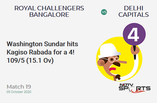 RCB vs DC: Match 19: Washington Sundar hits Kagiso Rabada for a 4! Royal Challengers Bangalore 109/5 (15.1 Ov). Target: 197; RRR: 18.21