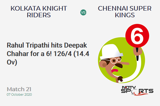KKR vs CSK: Match 21: It's a SIX! Rahul Tripathi hits Deepak Chahar. Kolkata Knight Riders 126/4 (14.4 Ov). CRR: 8.59