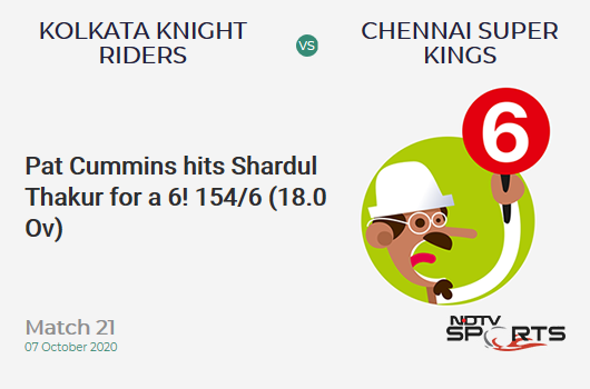 KKR vs CSK: Match 21: It's a SIX! Pat Cummins hits Shardul Thakur. Kolkata Knight Riders 154/6 (18.0 Ov). CRR: 8.55