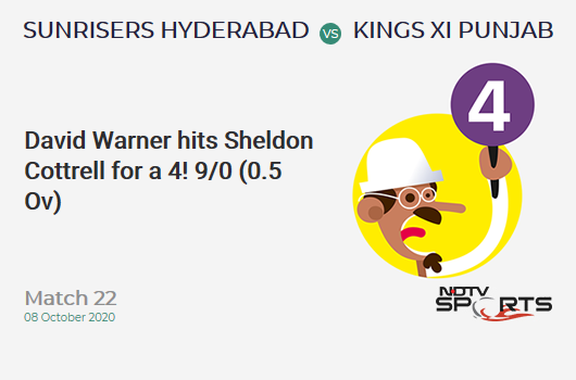 SRH vs KXIP: Match 22: David Warner hits Sheldon Cottrell for a 4! Sunrisers Hyderabad 9/0 (0.5 Ov). CRR: 10.8