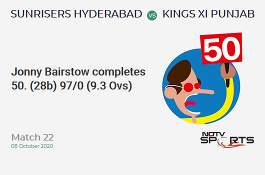 SRH vs KXIP: Match 22: FIFTY! Jonny Bairstow completes 50 (28b, 5x4, 2x6). Sunrisers Hyderabad 97/0 (9.3 Ovs). CRR: 10.21
