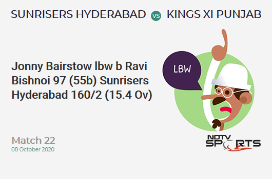 SRH vs KXIP: Match 22: WICKET! Jonny Bairstow lbw b Ravi Bishnoi 97 (55b, 7x4, 6x6). Sunrisers Hyderabad 160/2 (15.4 Ov). CRR: 10.21