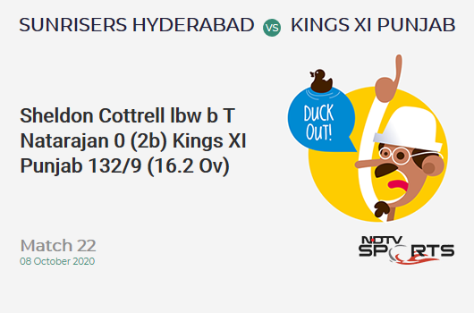 SRH vs KXIP: Match 22: WICKET! Sheldon Cottrell lbw b T Natarajan 0 (2b, 0x4, 0x6). Kings XI Punjab 132/9 (16.2 Ov). Target: 202; RRR: 19.09
