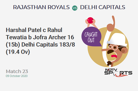 RR vs DC: Match 23: WICKET! Harshal Patel c Rahul Tewatia b Jofra Archer 16 (15b, 1x4, 0x6). Delhi Capitals 183/8 (19.4 Ov). CRR: 9.30