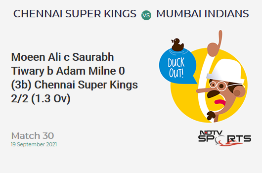 CSK vs MI: Match 30: WICKET! Moeen Ali c Saurabh Tiwary b Adam Milne 0 (3b, 0x4, 0x6). CSK 2/2 (1.3 Ov). CRR: 1.33