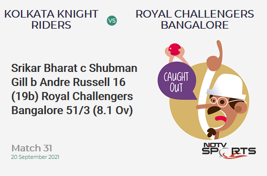 KKR vs RCB: Match 31: WICKET! Srikar Bharat c Shubman Gill b Andre Russell 16 (19b, 1x4, 0x6). RCB 51/3 (8.1 Ov). CRR: 6.24