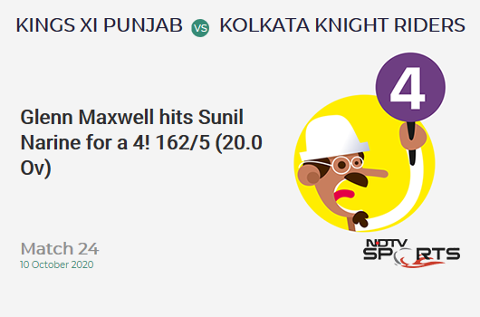KXIP vs KKR: Match 24: Glenn Maxwell hits Sunil Narine for a 4! Kings XI Punjab 162/5 (20.0 Ov). Target: 165; RRR: 