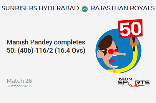 SRH vs RR: Match 26: FIFTY! Manish Pandey completes 50 (40b, 2x4, 3x6). Sunrisers Hyderabad 116/2 (16.4 Ovs). CRR: 6.96