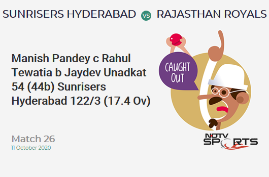 SRH vs RR: Match 26: WICKET! Manish Pandey c Rahul Tewatia b Jaydev Unadkat 54 (44b, 2x4, 3x6). Sunrisers Hyderabad 122/3 (17.4 Ov). CRR: 6.90