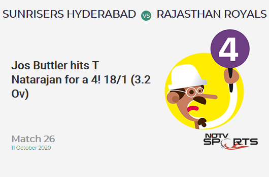 SRH vs RR: Match 26: Jos Buttler hits T Natarajan for a 4! Rajasthan Royals 18/1 (3.2 Ov). Target: 159; RRR: 8.46