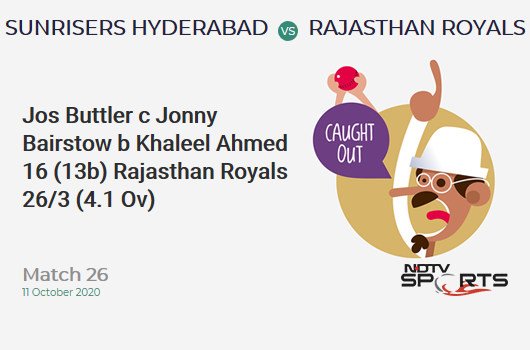 SRH vs RR: Match 26: WICKET! Jos Buttler c Jonny Bairstow b Khaleel Ahmed 16 (13b, 1x4, 1x6). Rajasthan Royals 26/3 (4.1 Ov). Target: 159; RRR: 8.4