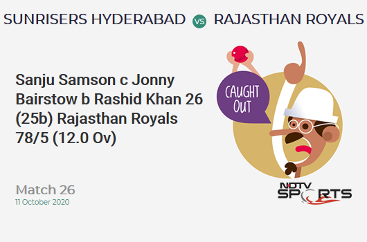 SRH vs RR: Match 26: WICKET! Sanju Samson c Jonny Bairstow b Rashid Khan 26 (25b, 3x4, 0x6). Rajasthan Royals 78/5 (12.0 Ov). Target: 159; RRR: 10.12