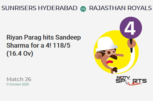 SRH vs RR: Match 26: Riyan Parag hits Sandeep Sharma for a 4! Rajasthan Royals 118/5 (16.4 Ov). Target: 159; RRR: 12.30