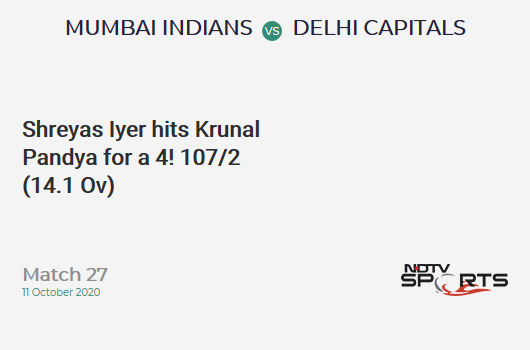 MI vs DC: Match 27: Shreyas Iyer hits Krunal Pandya for a 4! Delhi Capitals 107/2 (14.1 Ov). CRR: 7.55