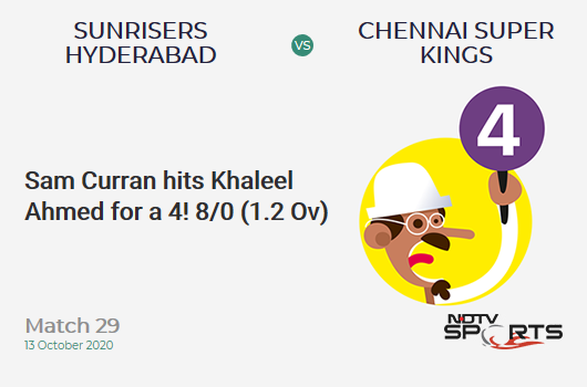 SRH vs CSK: Match 29: Sam Curran hits Khaleel Ahmed for a 4! Chennai Super Kings 8/0 (1.2 Ov). CRR: 6