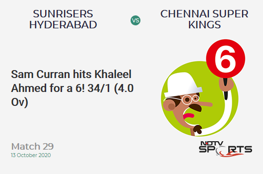 SRH vs CSK: Match 29: It's a SIX! Sam Curran hits Khaleel Ahmed. Chennai Super Kings 34/1 (4.0 Ov). CRR: 8.5