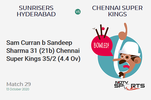 SRH vs CSK: Match 29: WICKET! Sam Curran b Sandeep Sharma 31 (21b, 3x4, 2x6). Chennai Super Kings 35/2 (4.4 Ov). CRR: 7.5