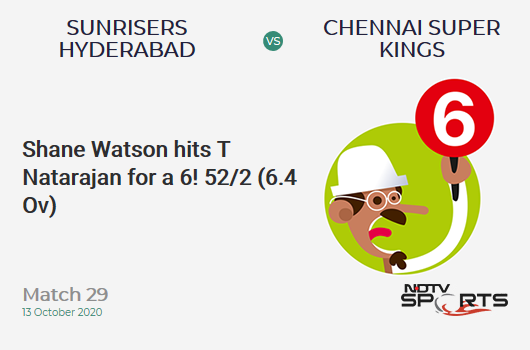 SRH vs CSK: Match 29: It's a SIX! Shane Watson hits T Natarajan. Chennai Super Kings 52/2 (6.4 Ov). CRR: 7.8