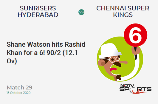SRH vs CSK: Match 29: It's a SIX! Shane Watson hits Rashid Khan. Chennai Super Kings 90/2 (12.1 Ov). CRR: 7.39