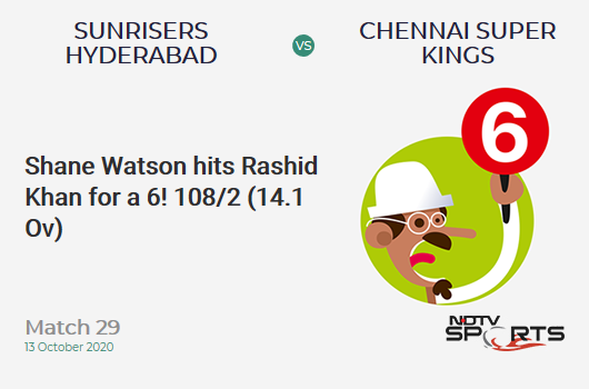 SRH vs CSK: Match 29: It's a SIX! Shane Watson hits Rashid Khan. Chennai Super Kings 108/2 (14.1 Ov). CRR: 7.62