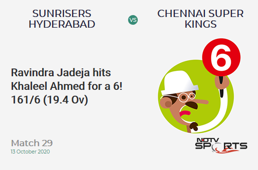 SRH vs CSK: Match 29: It's a SIX! Ravindra Jadeja hits Khaleel Ahmed. Chennai Super Kings 161/6 (19.4 Ov). CRR: 8.18