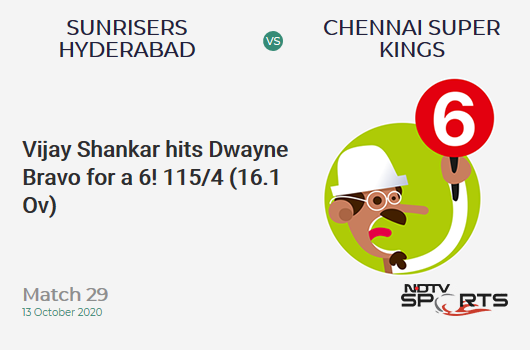 SRH vs CSK: Match 29: It's a SIX! Vijay Shankar hits Dwayne Bravo. Sunrisers Hyderabad 115/4 (16.1 Ov). Target: 168; RRR: 13.83
