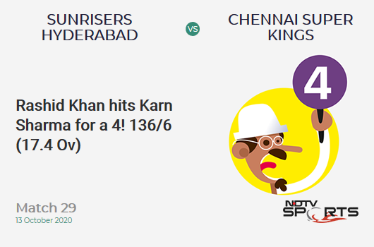 SRH vs CSK: Match 29: Rashid Khan hits Karn Sharma for a 4! Sunrisers Hyderabad 136/6 (17.4 Ov). Target: 168; RRR: 13.71