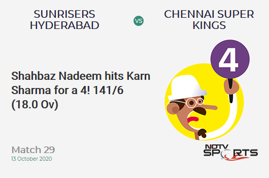 SRH vs CSK: Match 29: Shahbaz Nadeem hits Karn Sharma for a 4! Sunrisers Hyderabad 141/6 (18.0 Ov). Target: 168; RRR: 13.50