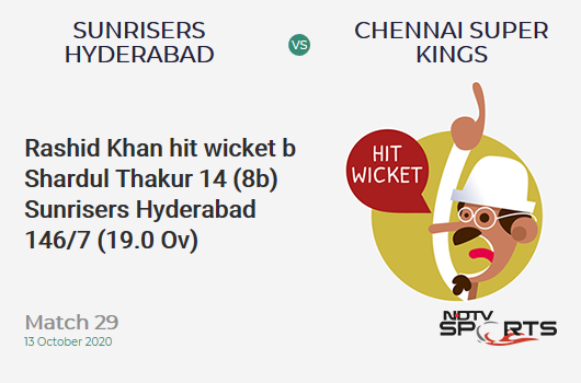 SRH vs CSK: Match 29: WICKET! Rashid Khan hit wicket b Shardul Thakur 14 (8b, 1x4, 1x6). Sunrisers Hyderabad 146/7 (19.0 Ov). Target: 168; RRR: 22.00