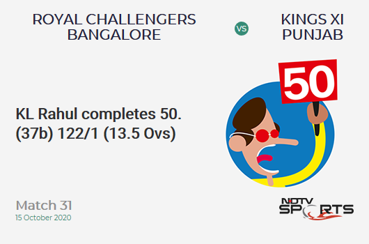 RCB vs KXIP: Match 31: FIFTY! KL Rahul completes 50 (37b, 1x4, 4x6). Kings XI Punjab 122/1 (13.5 Ovs). Target: 172; RRR: 8.11