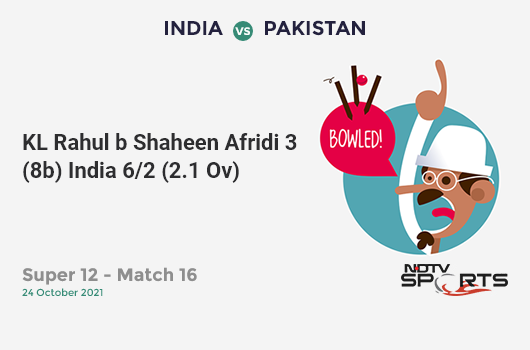 IND vs PAK: Super 12 - Match 16: WICKET! KL Rahul b Shaheen Afridi 3 (8b, 0x4, 0x6). IND 6/2 (2.1 Ov). CRR: 2.77