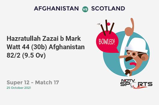 AFG vs SCO: Super 12 - Match 17: WICKET! Hazratullah Zazai b Mark Watt 44 (30b, 3x4, 3x6). AFG 82/2 (9.5 Ov). CRR: 8.34