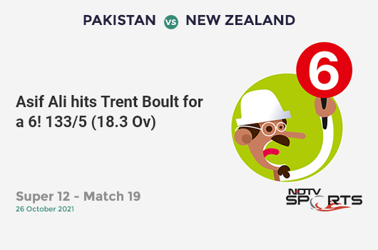 PAK vs NZ: Super 12 - Match 19: It's a SIX! Asif Ali hits Trent Boult. PAK 133/5 (18.3 Ov). Target: 135; RRR: 1.33