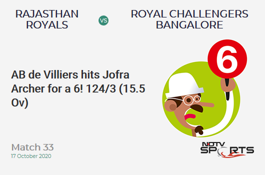 RR vs RCB: Match 33: It's a SIX! AB de Villiers hits Jofra Archer. Royal Challengers Bangalore 124/3 (15.5 Ov). Target: 178; RRR: 12.96