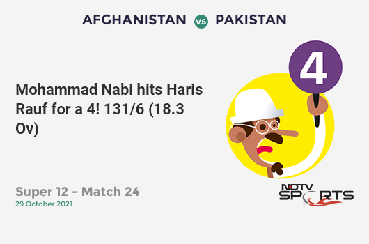 AFG vs PAK: Super 12 - Match 24: Mohammad Nabi hits Haris Rauf for a 4! AFG 131/6 (18.3 Ov). CRR: 7.08