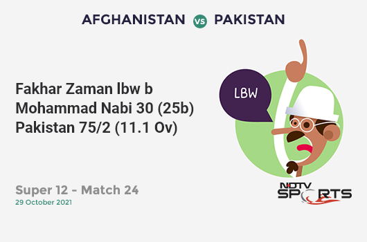 AFG vs PAK: Super 12 - Match 24: WICKET! Fakhar Zaman lbw b Mohammad Nabi 30 (25b, 2x4, 1x6). PAK 75/2 (11.1 Ov). Target: 148; RRR: 8.26