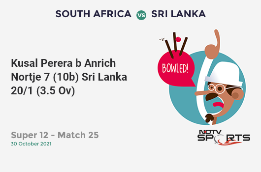 SA vs SL: Super 12 - Match 25: WICKET! Kusal Perera b Anrich Nortje 7 (10b, 1x4, 0x6). SL 20/1 (3.5 Ov). CRR: 5.22