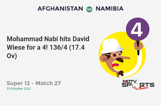 AFG vs NAM: Super 12 - Match 27: Mohammad Nabi hits David Wiese for a 4! AFG 136/4 (17.4 Ov). CRR: 7.7