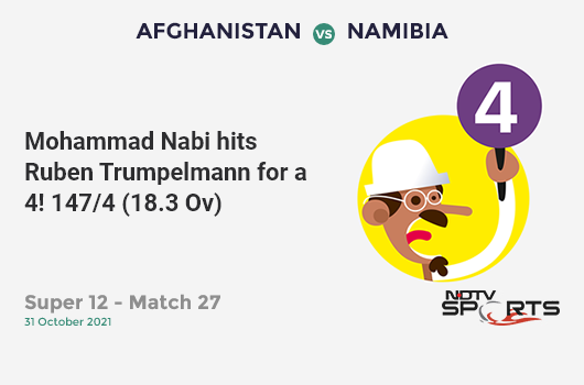 AFG vs NAM: Super 12 - Match 27: Mohammad Nabi hits Ruben Trumpelmann for a 4! AFG 147/4 (18.3 Ov). CRR: 7.95