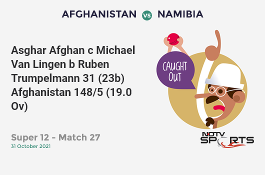 AFG vs NAM: Super 12 - Match 27: WICKET! Asghar Afghan c Michael Van Lingen b Ruben Trumpelmann 31 (23b, 3x4, 1x6). AFG 148/5 (19.0 Ov). CRR: 7.79