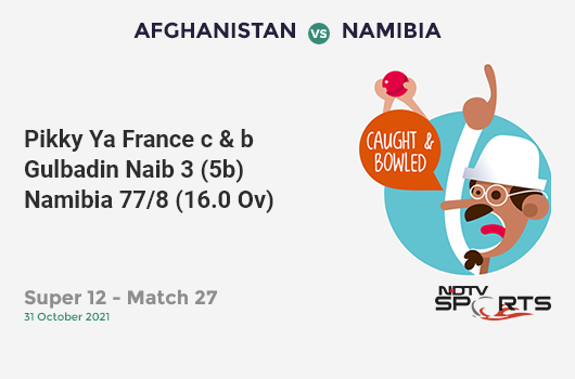 AFG vs NAM: Super 12 - Match 27: WICKET! Pikky Ya France c & b Gulbadin Naib 3 (5b, 0x4, 0x6). NAM 77/8 (16.0 Ov). Target: 161; RRR: 21.0