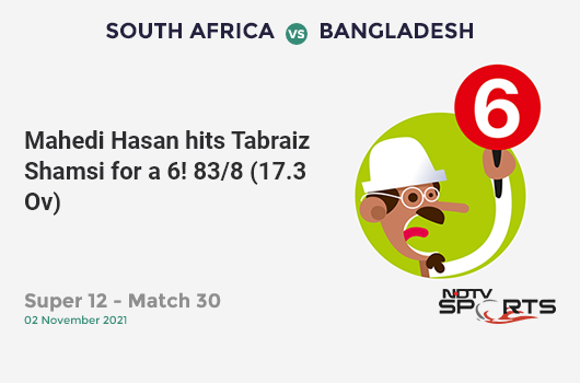 SA vs BAN: Super 12 - Match 30: It's a SIX! Mahedi Hasan hits Tabraiz Shamsi. BAN 83/8 (17.3 Ov). CRR: 4.74