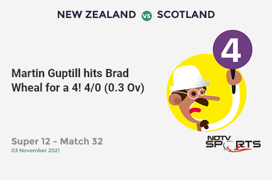 NZ vs SCO: Super 12 - Match 32: Martin Guptill hits Brad Wheal for a 4! NZ 4/0 (0.3 Ov). CRR: 8