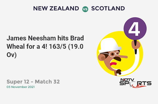 NZ vs SCO: Super 12 - Match 32: James Neesham hits Brad Wheal for a 4! NZ 163/5 (19.0 Ov). CRR: 8.58