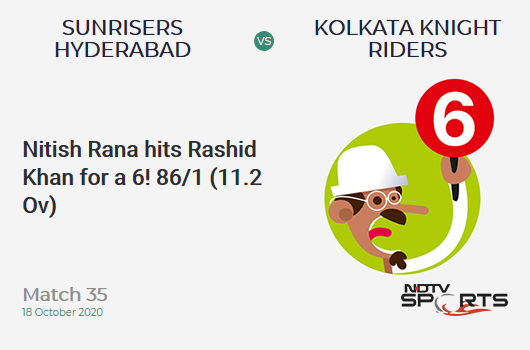SRH vs KKR: Match 35: It's a SIX! Nitish Rana hits Rashid Khan. Kolkata Knight Riders 86/1 (11.2 Ov). CRR: 7.58